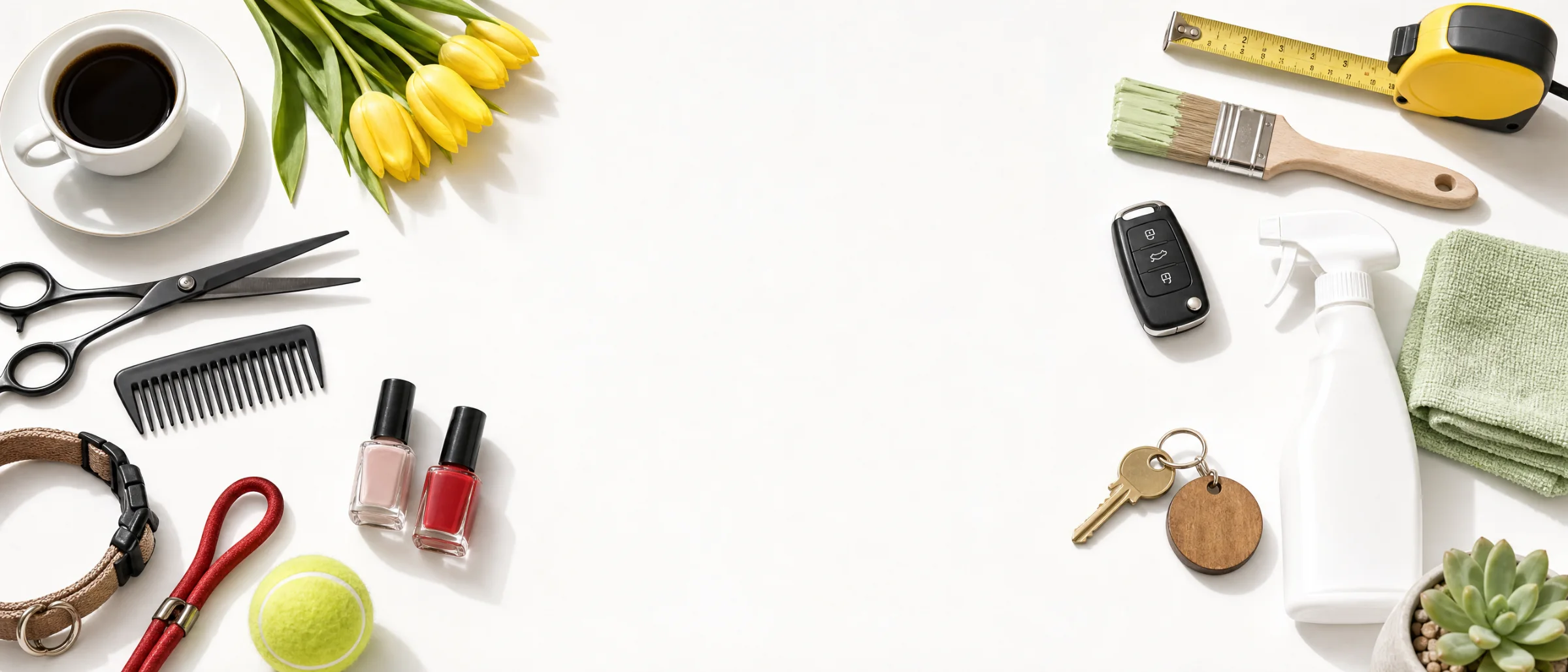 A flat-lay of everyday things from many small businesses: a cup of coffee, yellow tulips, hairdressing scissors and a comb, a dog collar and lead, nail polish, a tape measure, a paintbrush, a car key, a cleaning spray, a house key and a small potted plant