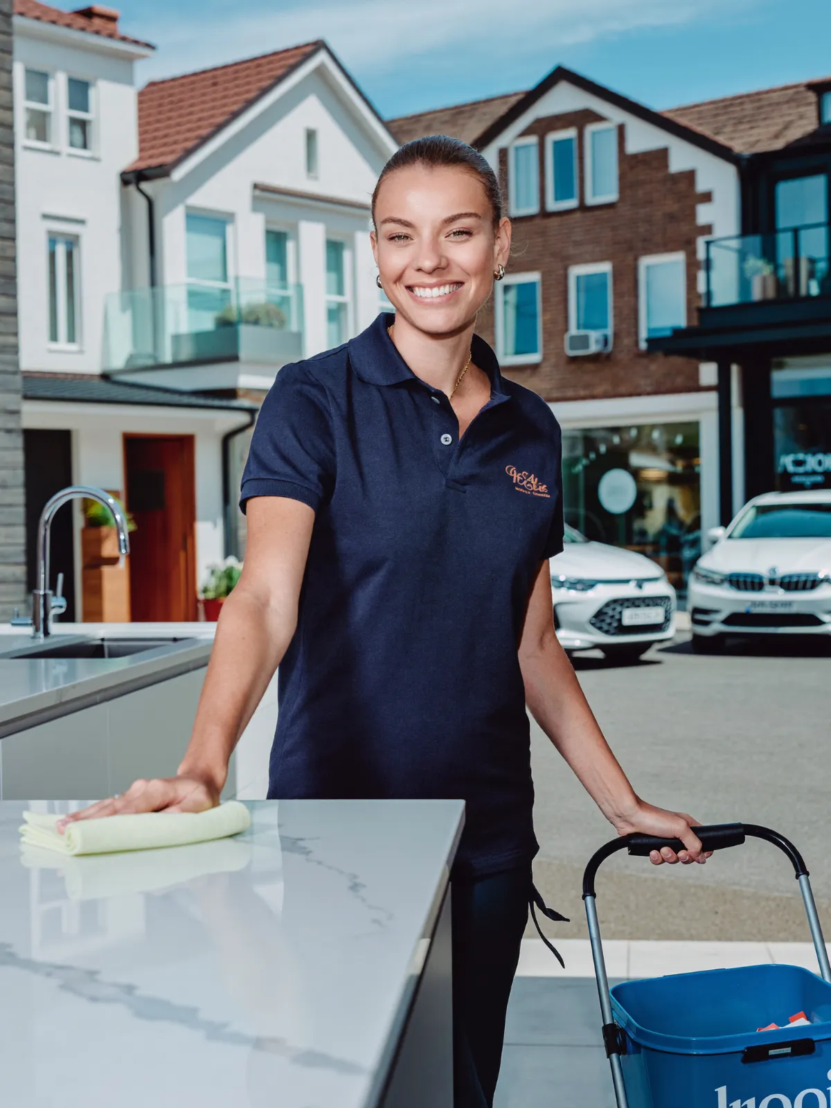 A cleaner in a navy polo wiping down a white kitchen worktop