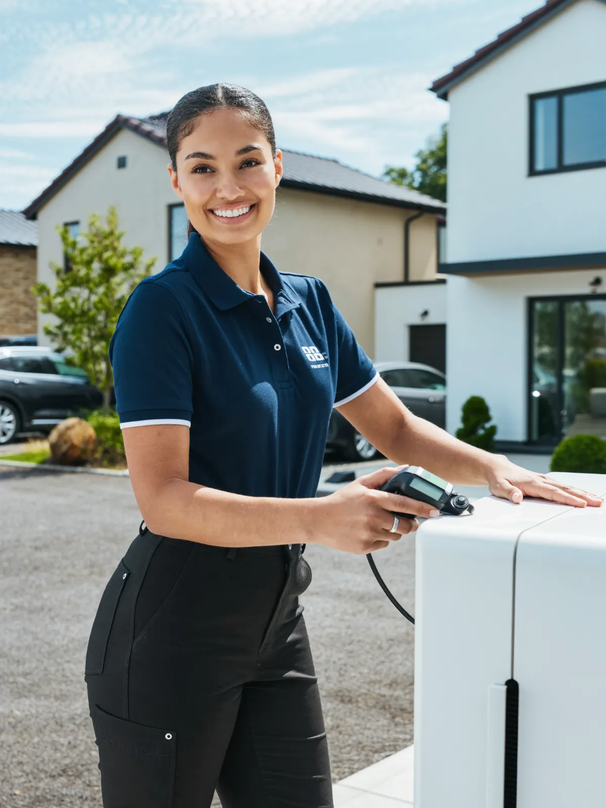 An electrician in a navy polo testing a wall-mounted unit outside a modern house