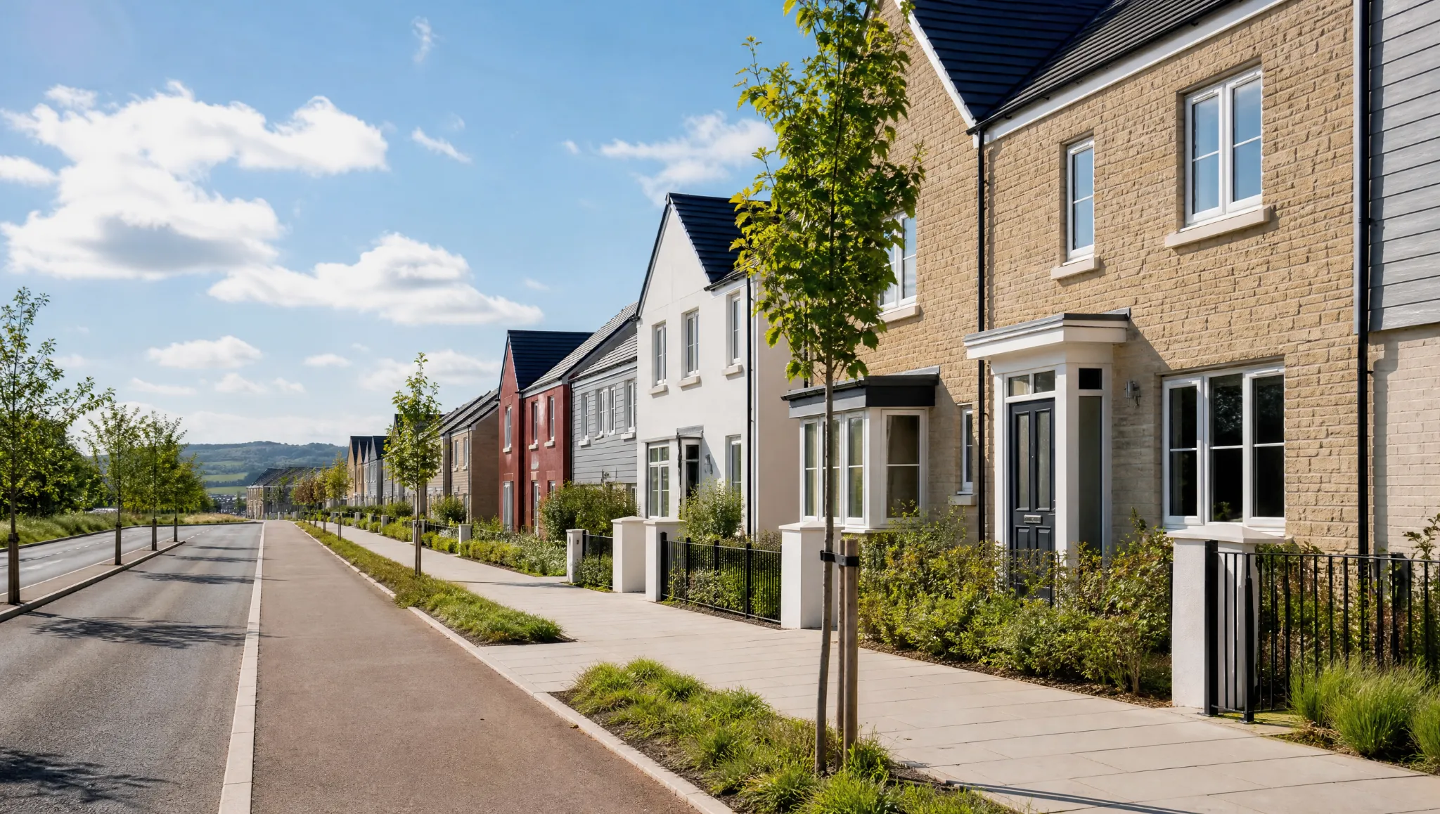 New-build terraced houses on a sunny street in a young Devon town
